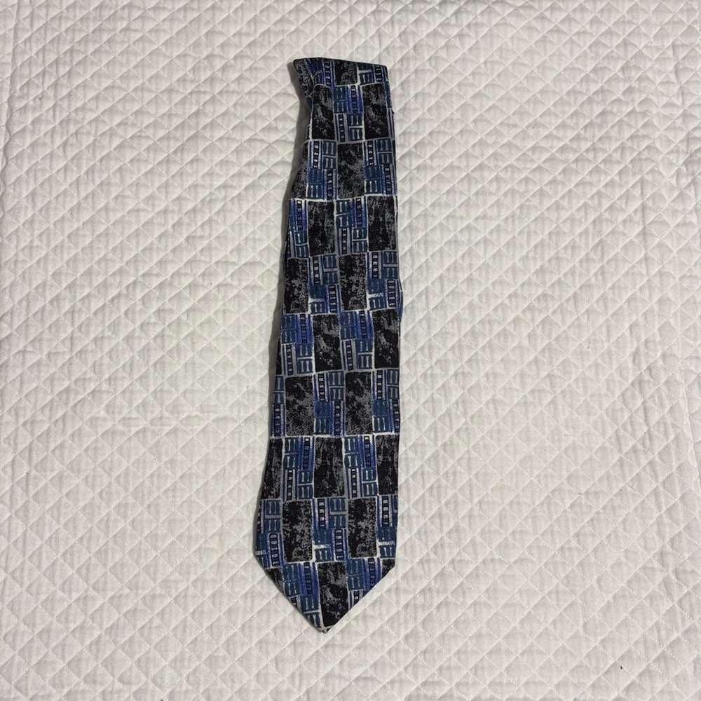 Pierre Balmain Vintage Blue and Black Geometric 100% Silk Tie